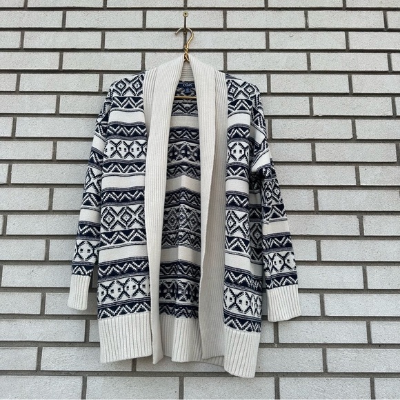 Chaps Fair Isle Shawl Collar Cardigan Sweater Navy Cream Cotton Nordic Ski M - Picture 1 of 8